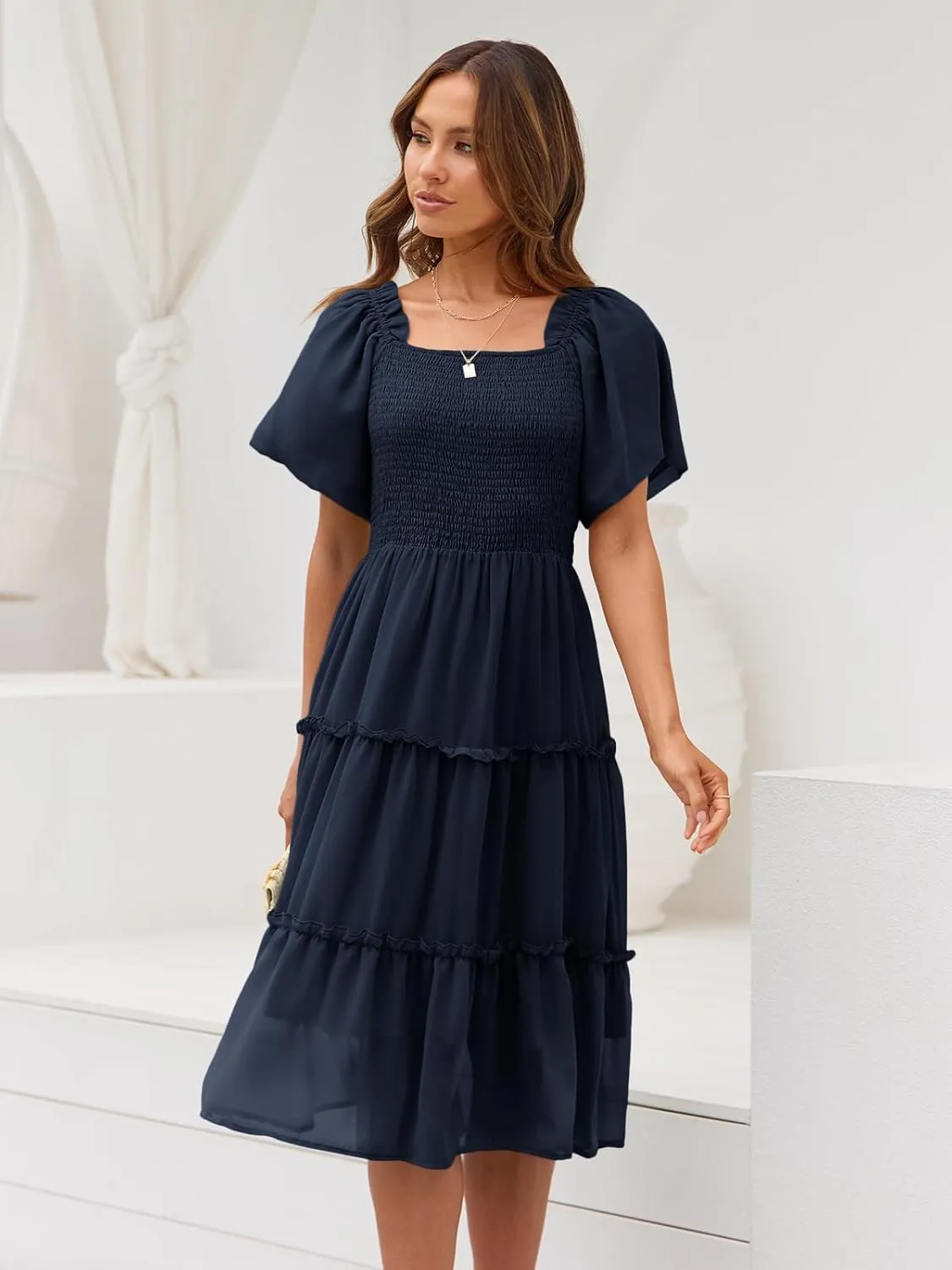 LILLUSORY Women's Summer Casual Flutter Sleeve Square Neck Smocked Midi Dress