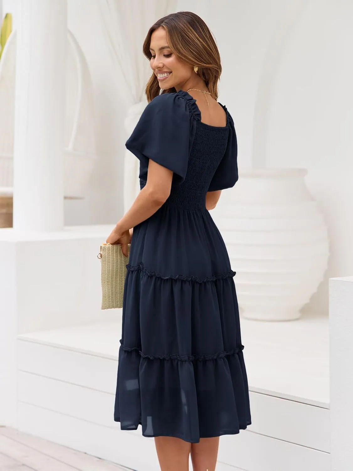LILLUSORY Women's Summer Casual Flutter Sleeve Square Neck Smocked Midi Dress