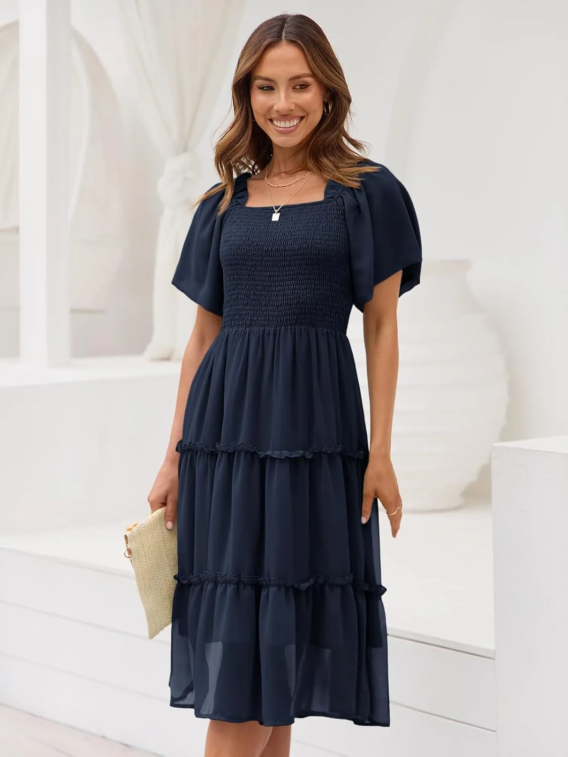 LILLUSORY Women's Summer Casual Flutter Sleeve Square Neck Smocked Midi Dress