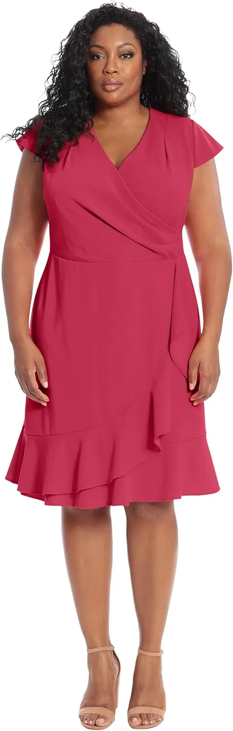 London Times Women's Feminine Ageless Surplice V-Neck Faux Wrap Ruffle Dress Office Event Shower Guest of
