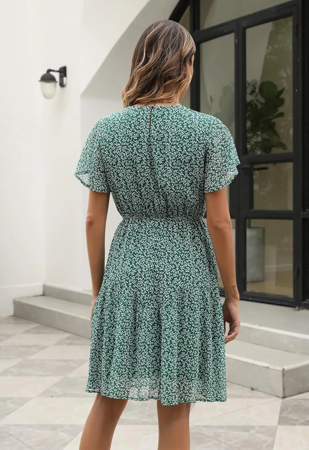 Manydress Women's Chiffon Floral Dresses Casual Summer Boho Flutter Sleeve Flowy Skater Western Dress MY112