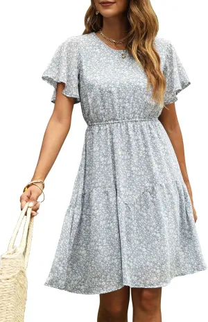 Manydress Women's Chiffon Floral Dresses Casual Summer Boho Flutter Sleeve Flowy Skater Western Dress MY112