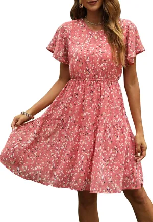Manydress Women's Chiffon Floral Dresses Casual Summer Boho Flutter Sleeve Flowy Skater Western Dress MY112