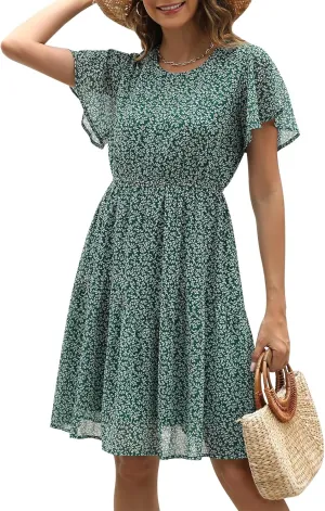 Manydress Women's Chiffon Floral Dresses Casual Summer Boho Flutter Sleeve Flowy Skater Western Dress MY112