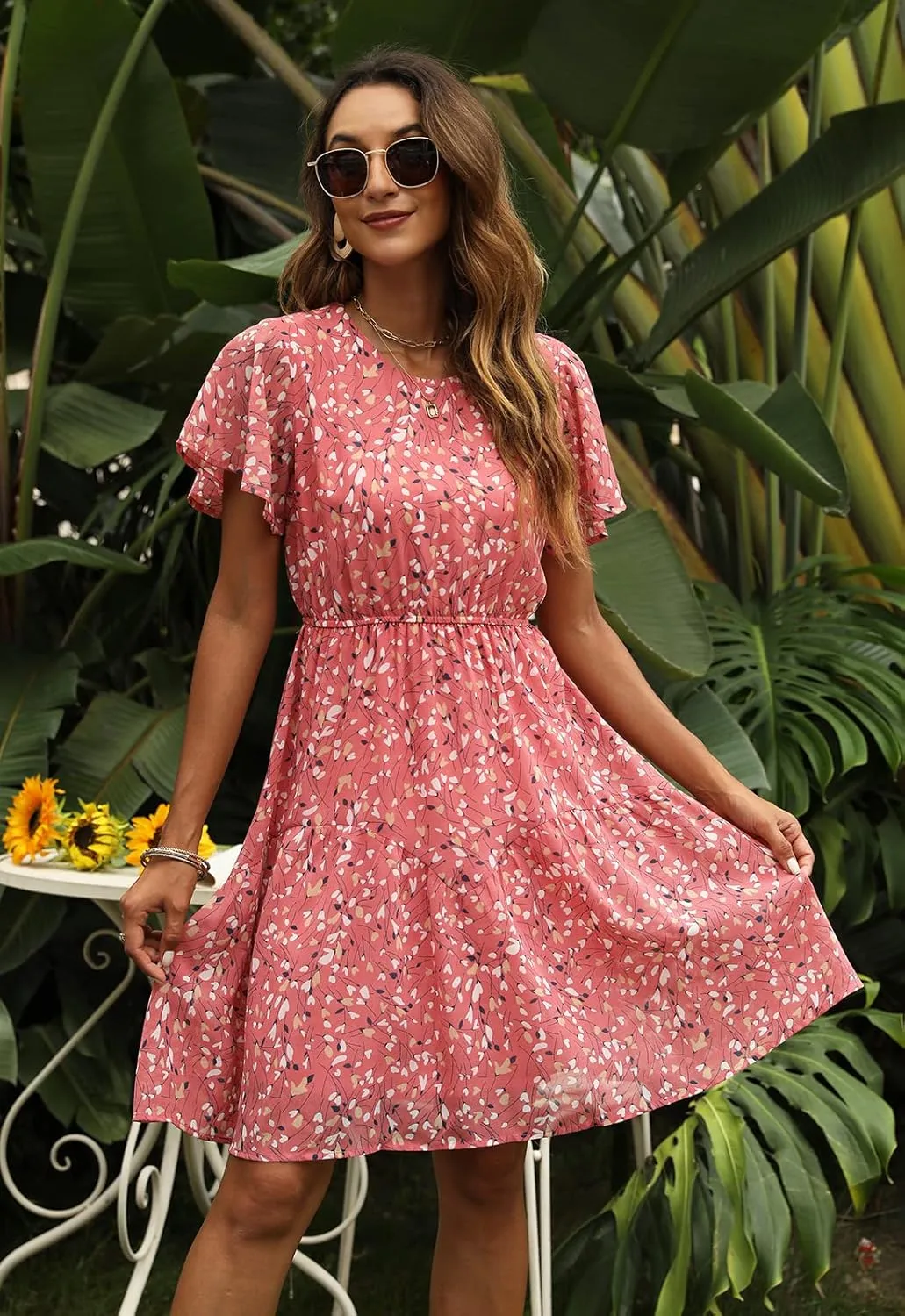 Manydress Women's Chiffon Floral Dresses Casual Summer Boho Flutter Sleeve Flowy Skater Western Dress MY112