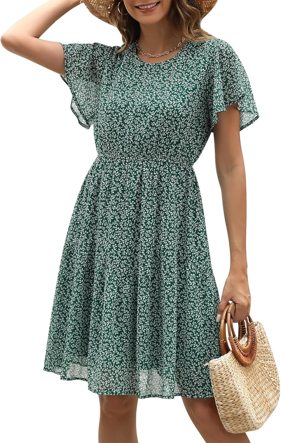Manydress Women's Chiffon Floral Dresses Casual Summer Boho Flutter Sleeve Flowy Skater Western Dress MY112