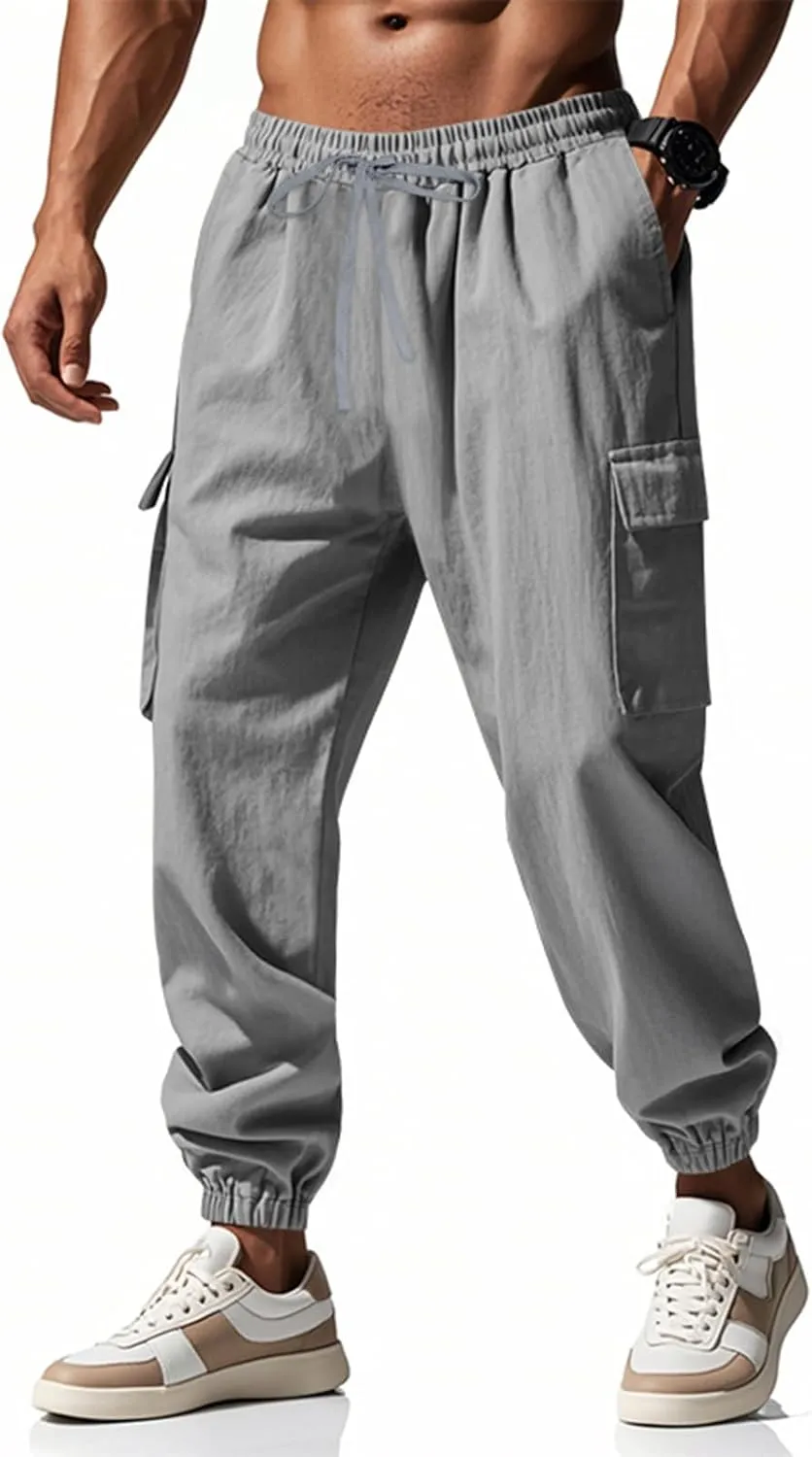 Men's Linen Cargo Pants with Drawstring & Elastic Waist - Casual Beach Summer Pants - Lightweight Work Trousers