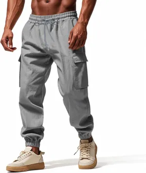 Men's Linen Cargo Pants with Drawstring & Elastic Waist - Casual Beach Summer Pants - Lightweight Work Trousers