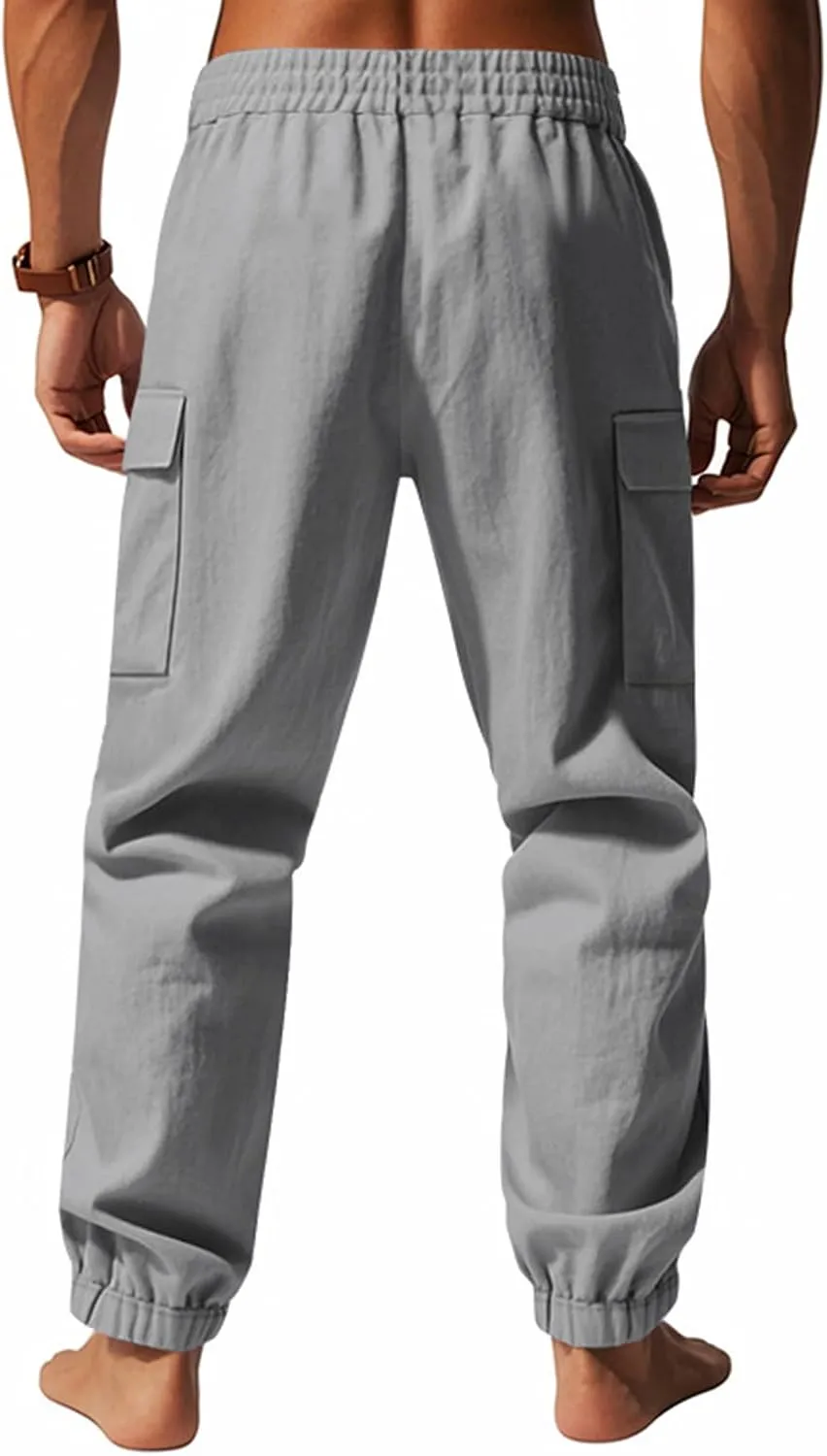 Men's Linen Cargo Pants with Drawstring & Elastic Waist - Casual Beach Summer Pants - Lightweight Work Trousers