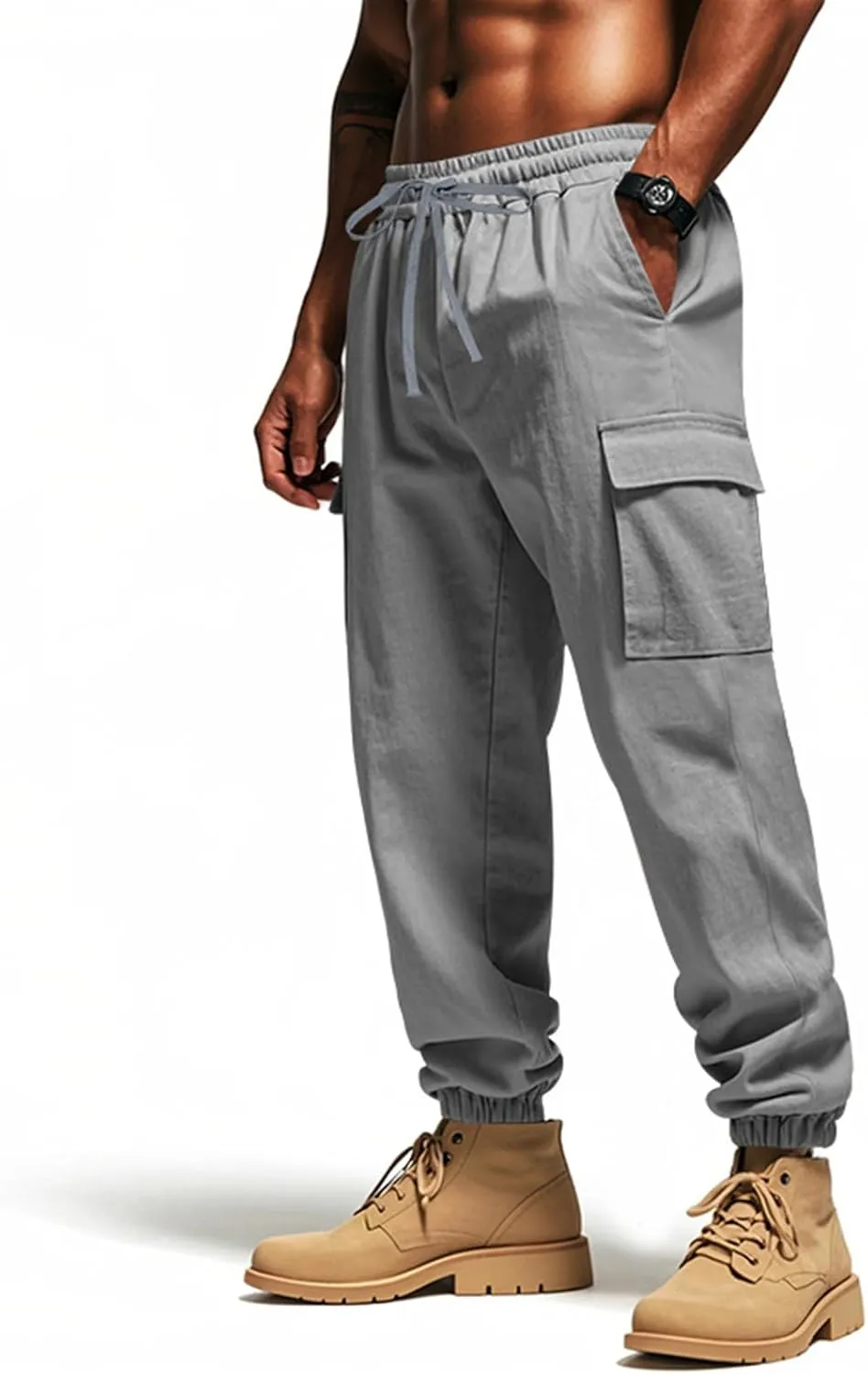 Men's Linen Cargo Pants with Drawstring & Elastic Waist - Casual Beach Summer Pants - Lightweight Work Trousers