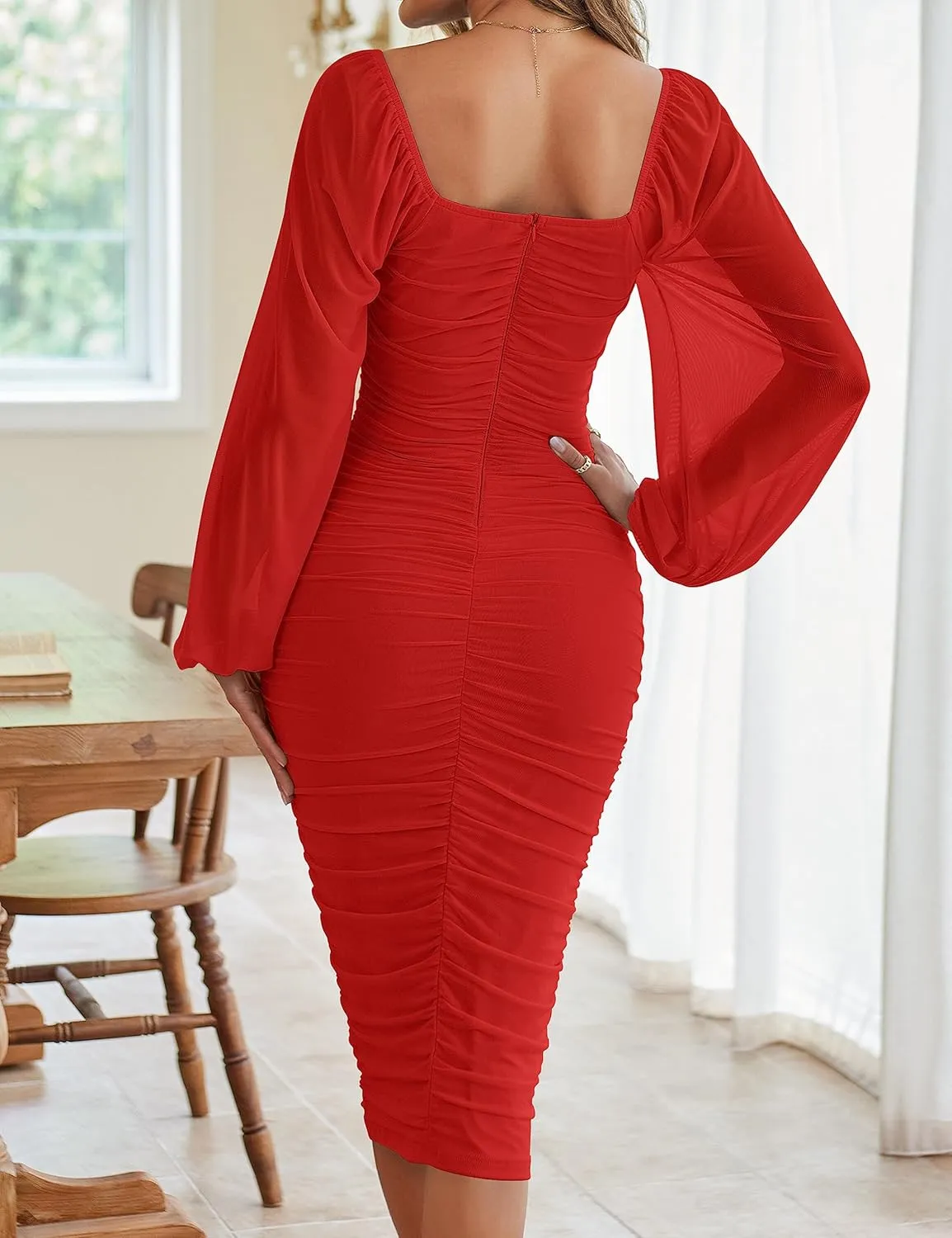 MEROKEETY Women's Long Puff Sleeve Ruched Bodycon Dress Square Neck Mesh Cocktail Party Midi Dresses