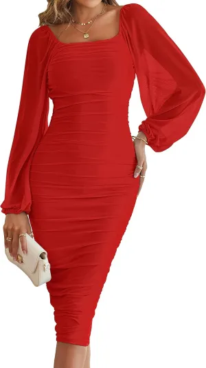 MEROKEETY Women's Long Puff Sleeve Ruched Bodycon Dress Square Neck Mesh Cocktail Party Midi Dresses