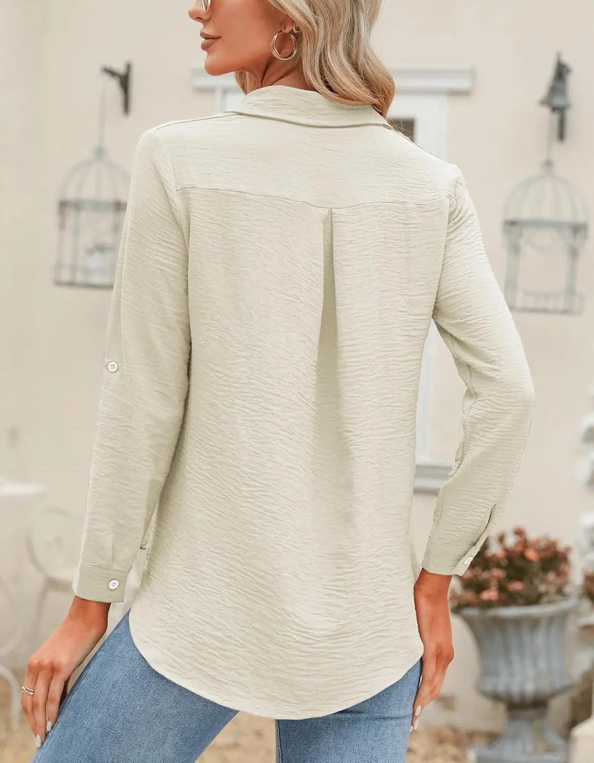 Odosalii Womens Button Down Shirts V Neck Rolled Up Long Sleeve Tops Elegant Dressy Blouses Business Casual Outfits