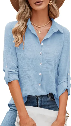 Odosalii Womens Button Down Shirts V Neck Rolled Up Long Sleeve Tops Elegant Dressy Blouses Business Casual Outfits