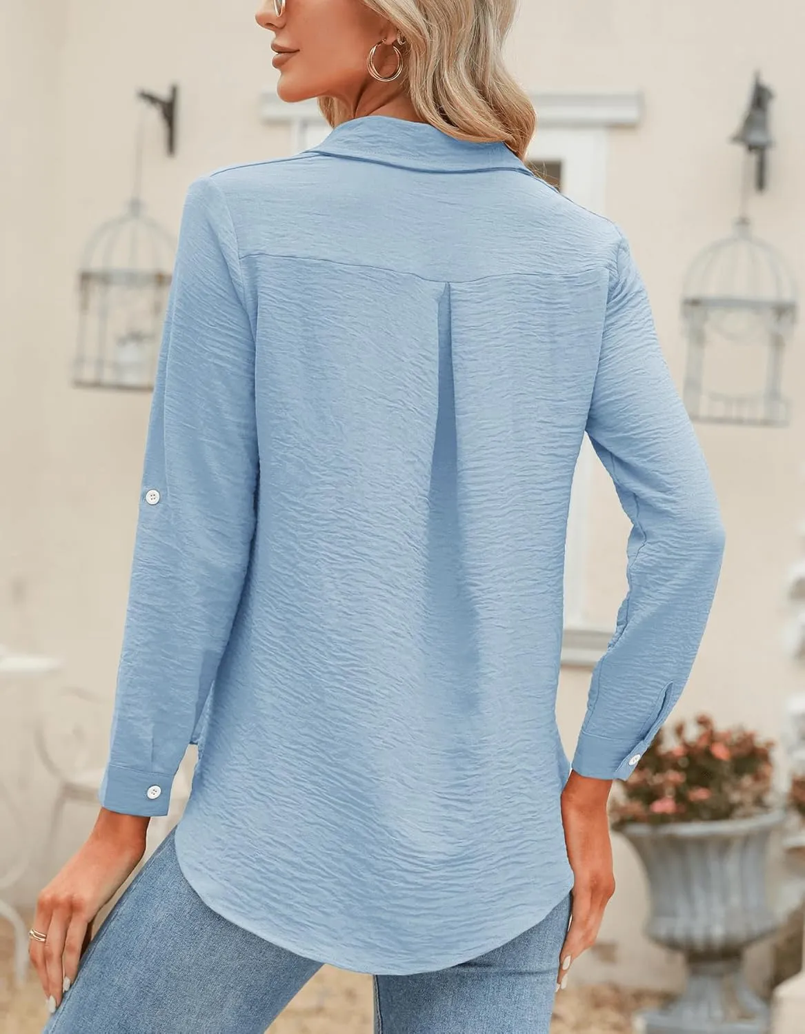 Odosalii Womens Button Down Shirts V Neck Rolled Up Long Sleeve Tops Elegant Dressy Blouses Business Casual Outfits