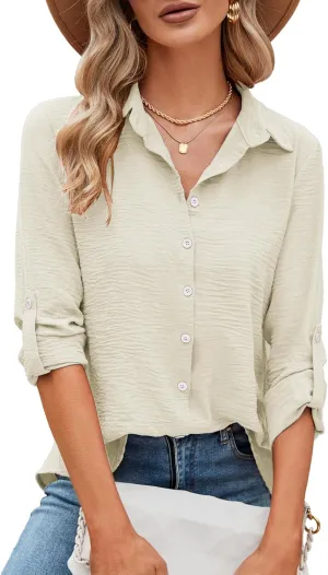 Odosalii Womens Button Down Shirts V Neck Rolled Up Long Sleeve Tops Elegant Dressy Blouses Business Casual Outfits