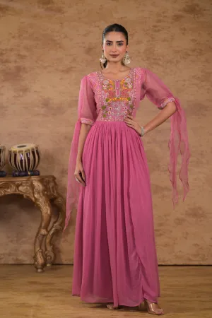 Pink Bandhej Printed Georgette Silk Gown