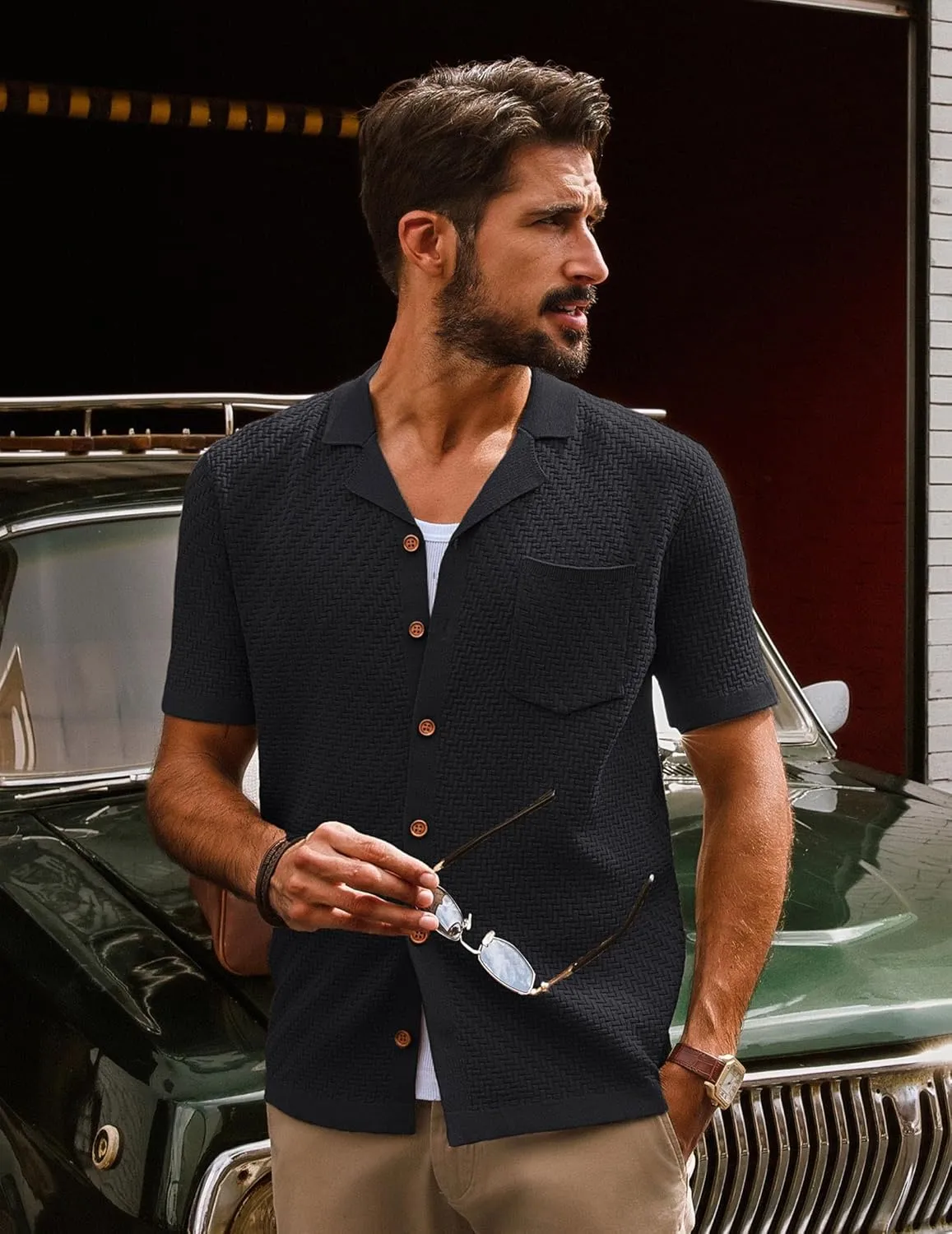 PJ PAUL JONES Mens Knit Shirts Casual Vintage Cuban Collar Short Sleeve Button Down Beach Polo Shirt