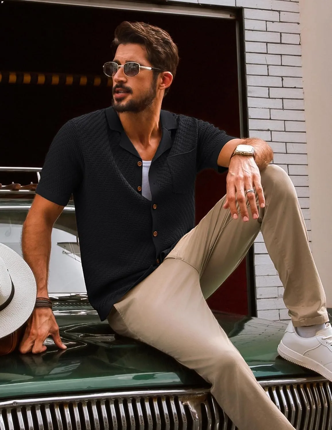 PJ PAUL JONES Mens Knit Shirts Casual Vintage Cuban Collar Short Sleeve Button Down Beach Polo Shirt