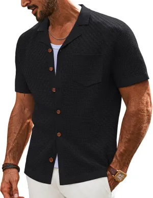 PJ PAUL JONES Mens Knit Shirts Casual Vintage Cuban Collar Short Sleeve Button Down Beach Polo Shirt