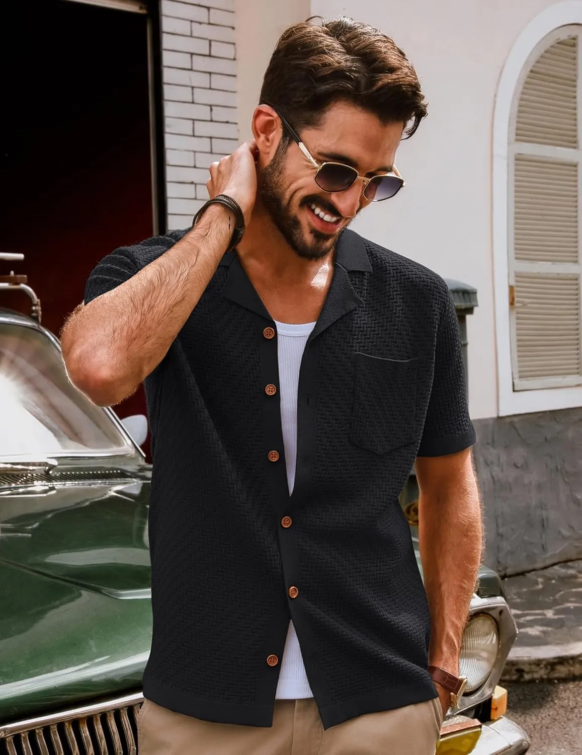 PJ PAUL JONES Mens Knit Shirts Casual Vintage Cuban Collar Short Sleeve Button Down Beach Polo Shirt