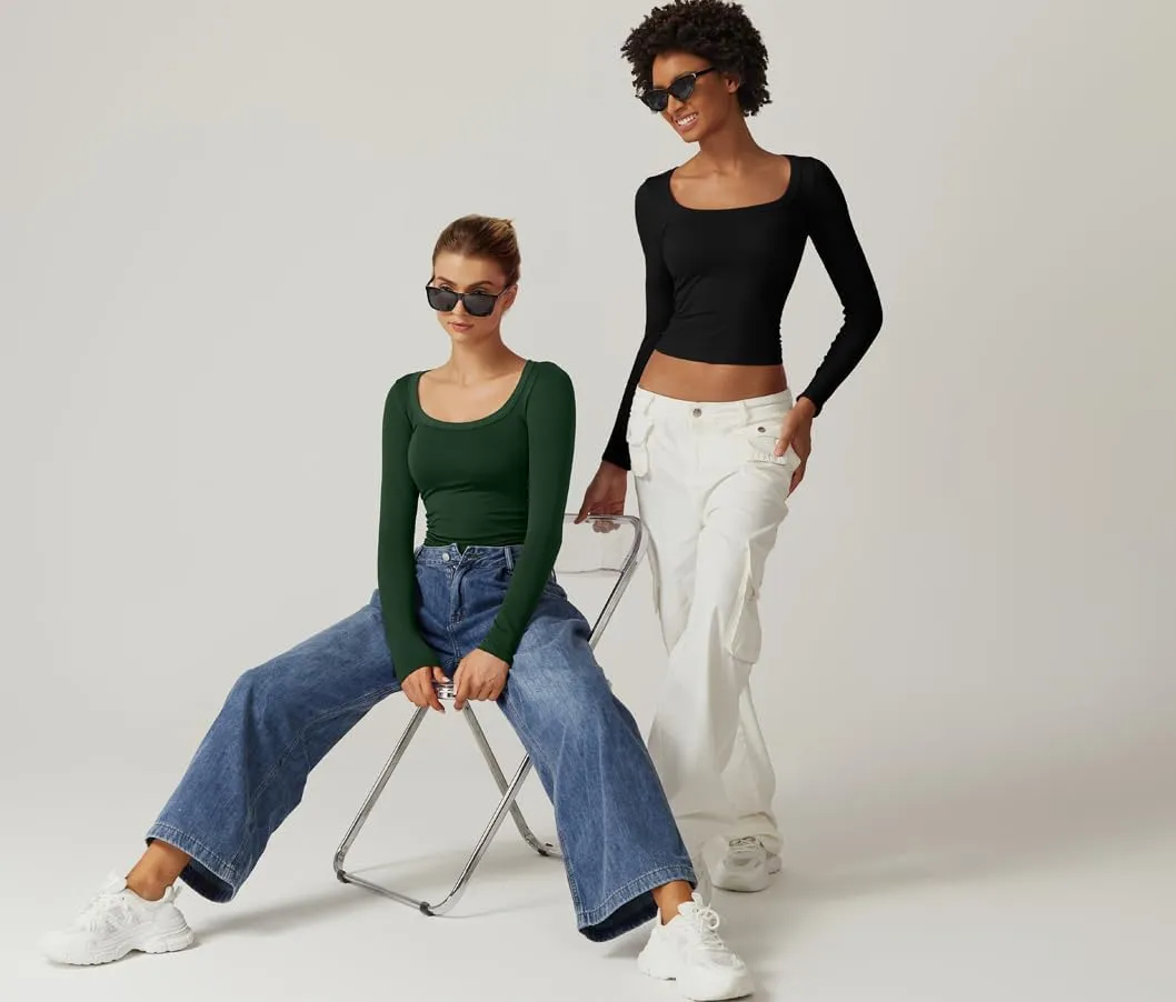 QINSEN Fashion Womens Scoop Neck Long Sleeve Seamless Top Side Ruched Basic Crop T Shirt
