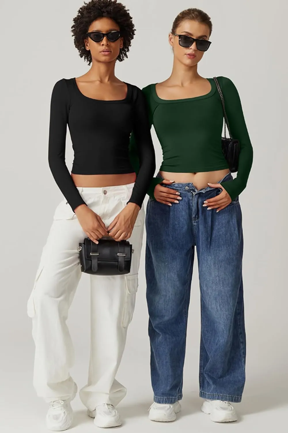 QINSEN Fashion Womens Scoop Neck Long Sleeve Seamless Top Side Ruched Basic Crop T Shirt