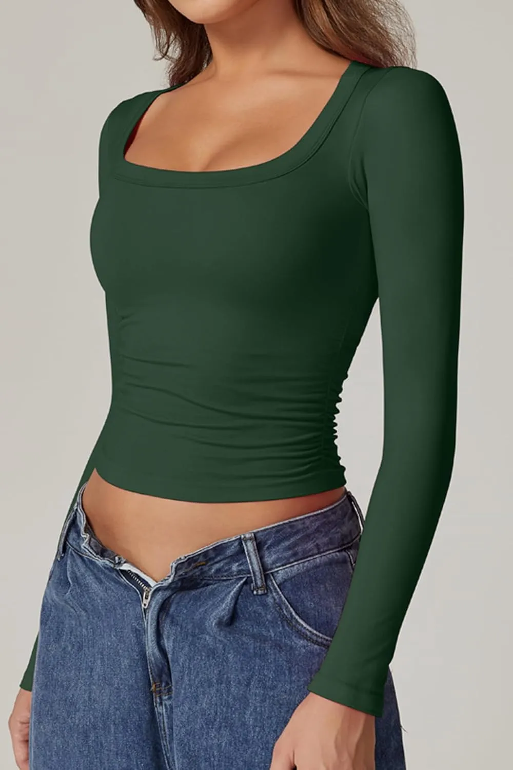 QINSEN Fashion Womens Scoop Neck Long Sleeve Seamless Top Side Ruched Basic Crop T Shirt