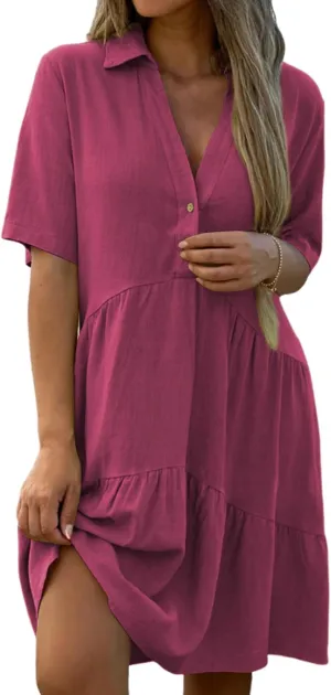 RANPHEE Womens Linen Cotton Dress Summer Casual Short Sleeve Button Loose Fit Beach Vacation Dresses