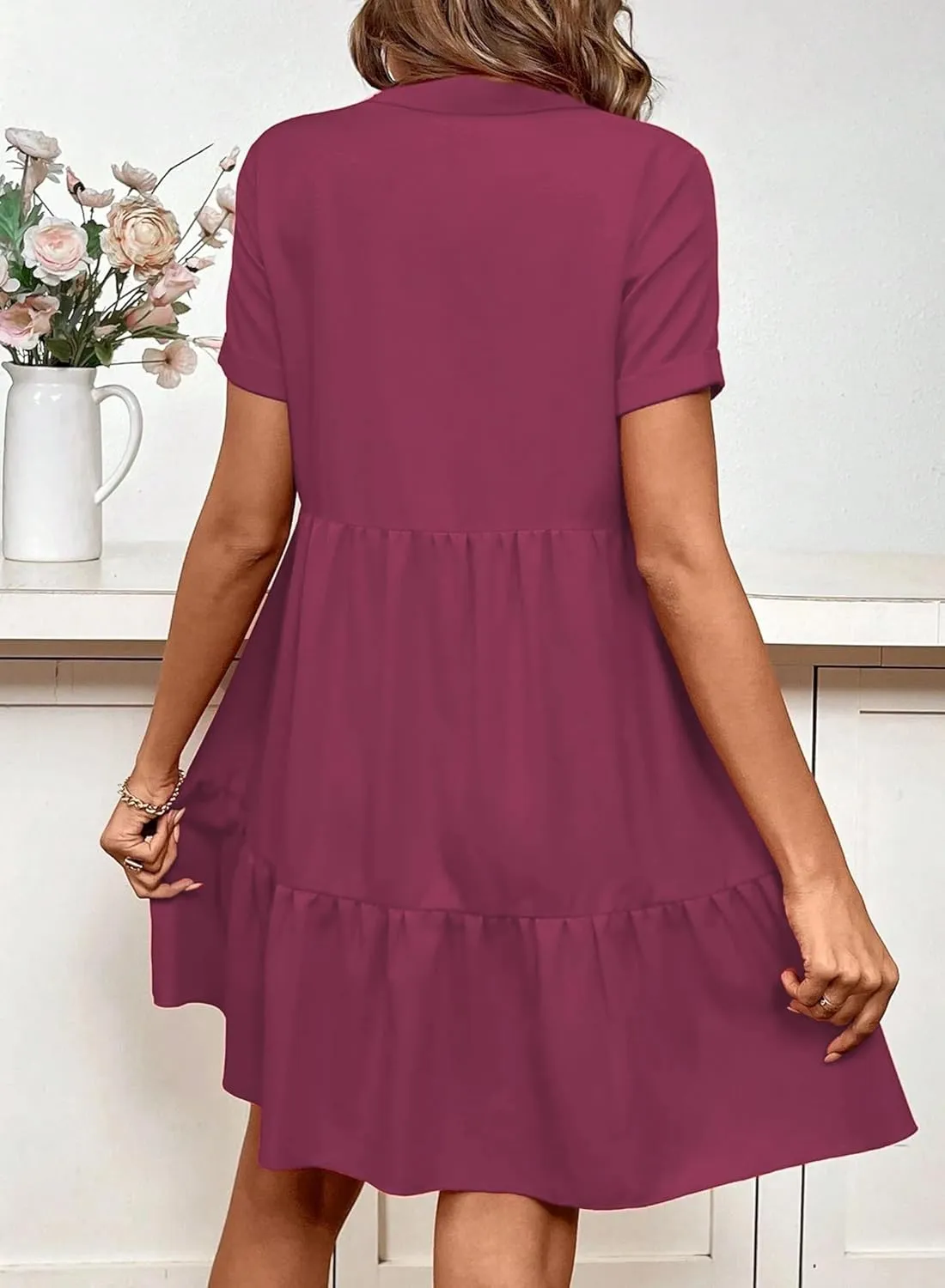 RANPHEE Womens Linen Cotton Dress Summer Casual Short Sleeve Button Loose Fit Beach Vacation Dresses