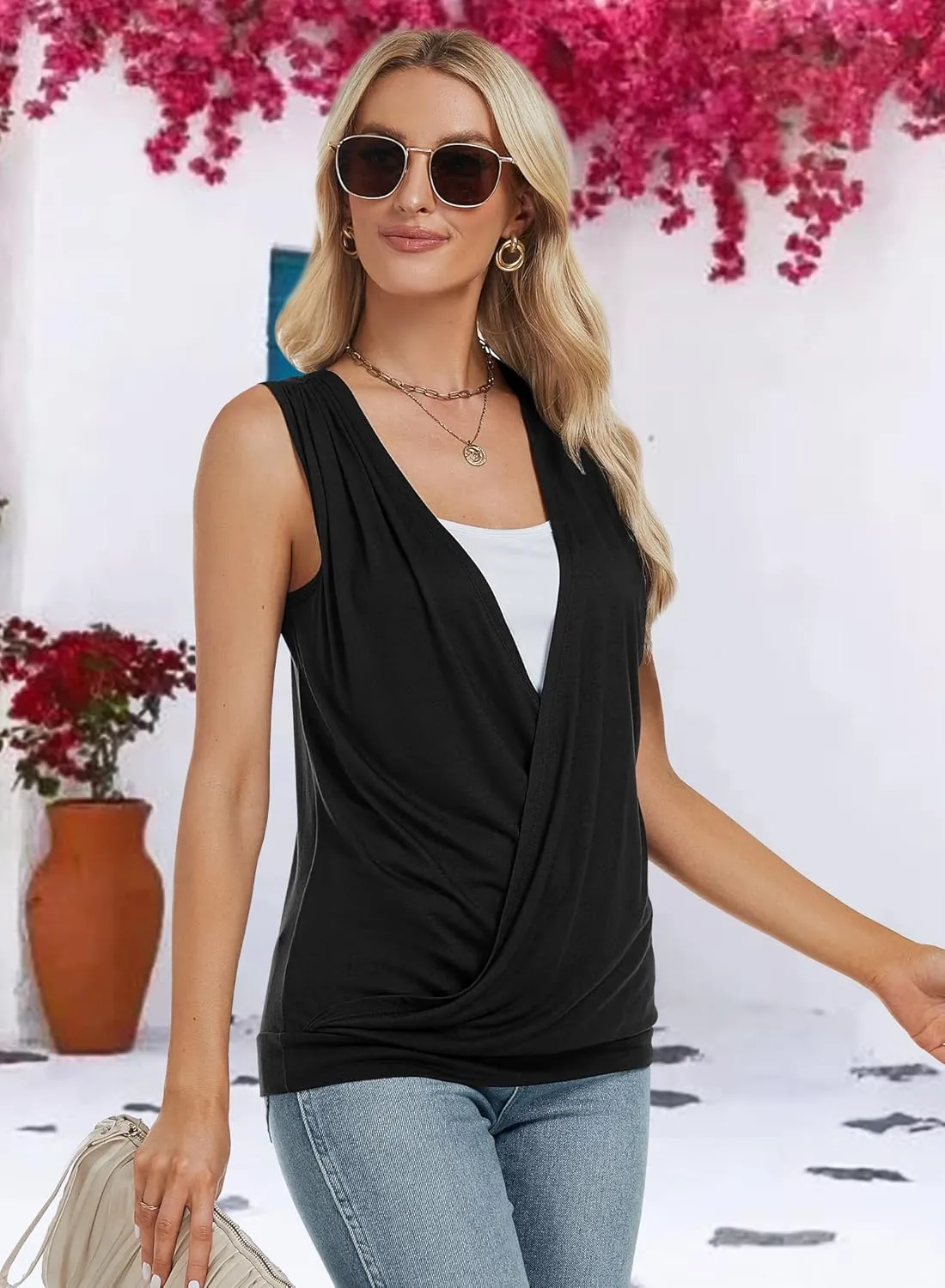 RANPHEE Womens Summer Casual Sleeveless Hide Belly Fat Banded Bottom Wrap Tops T-Shirts