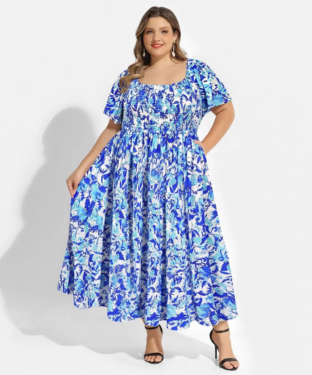 RITERA Plus Size Dresses for Curvy Women Square Neck Short Sleeve Summer Floral Smocked Maxi Dress with Pocket XL-5XL
