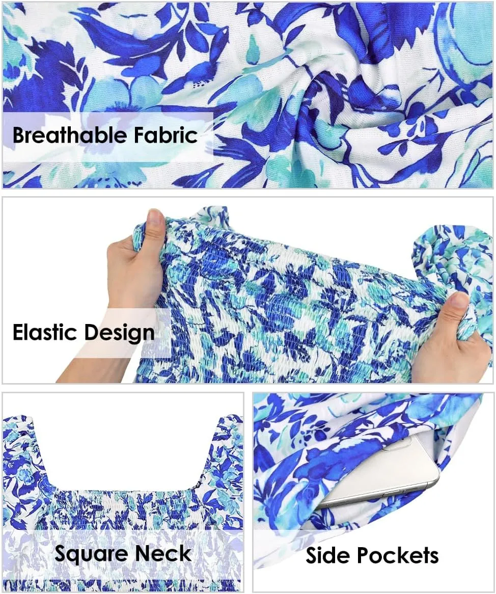 RITERA Plus Size Dresses for Curvy Women Square Neck Short Sleeve Summer Floral Smocked Maxi Dress with Pocket XL-5XL