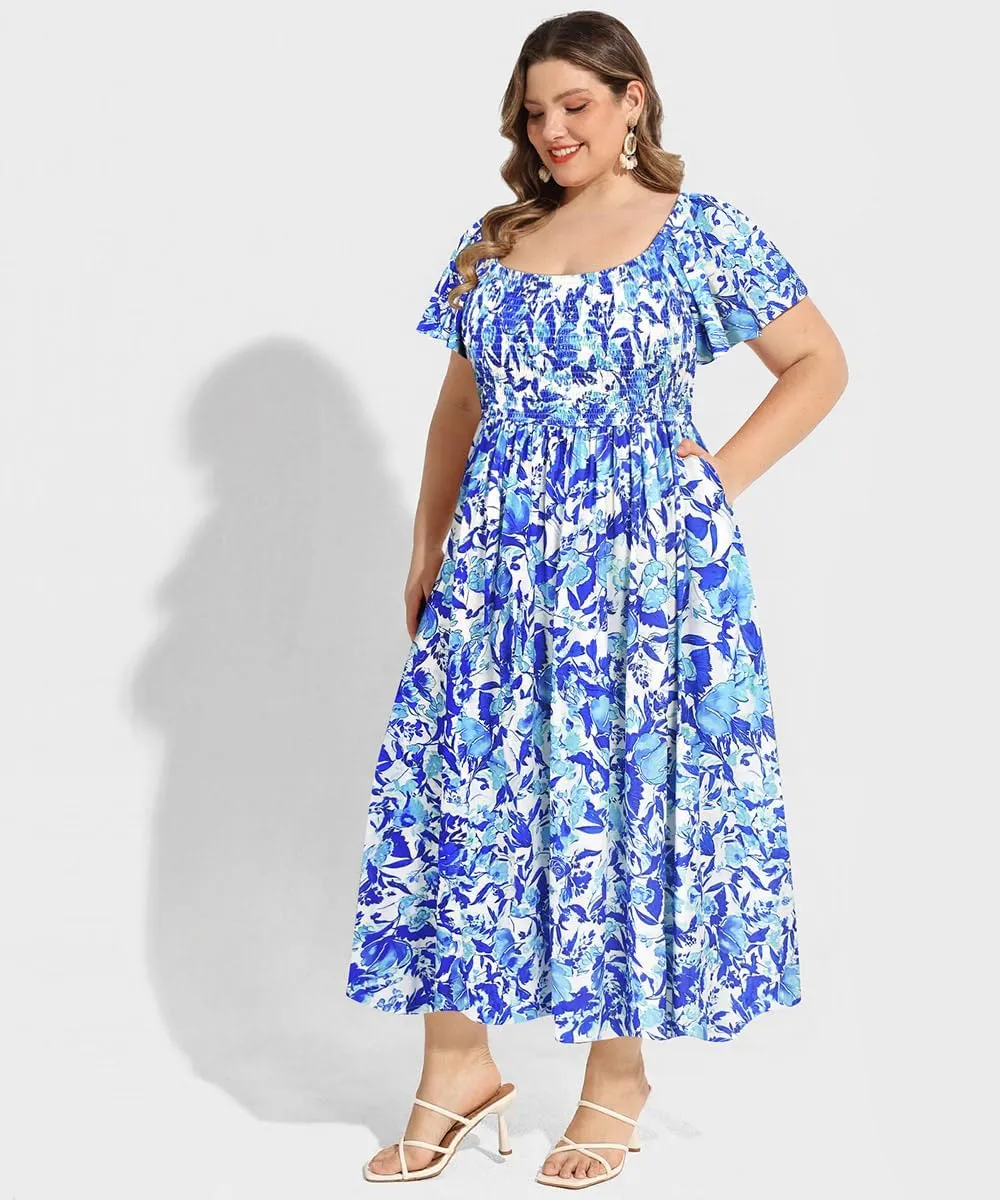 RITERA Plus Size Dresses for Curvy Women Square Neck Short Sleeve Summer Floral Smocked Maxi Dress with Pocket XL-5XL