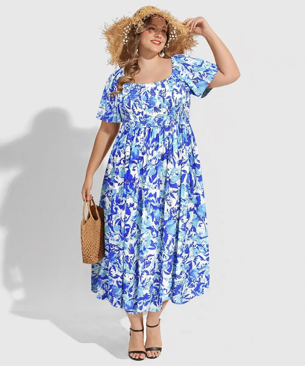 RITERA Plus Size Dresses for Curvy Women Square Neck Short Sleeve Summer Floral Smocked Maxi Dress with Pocket XL-5XL