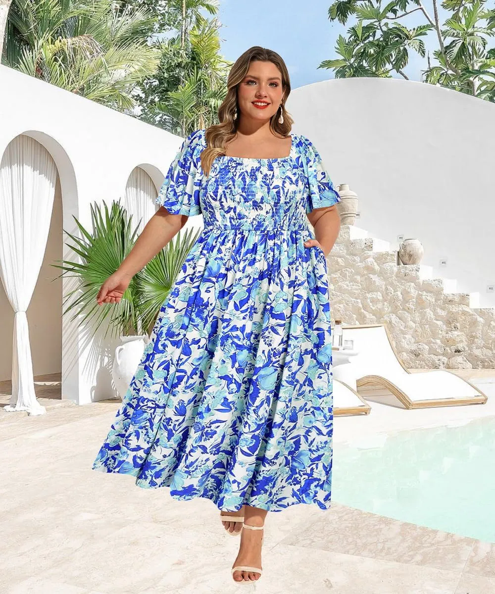 RITERA Plus Size Dresses for Curvy Women Square Neck Short Sleeve Summer Floral Smocked Maxi Dress with Pocket XL-5XL