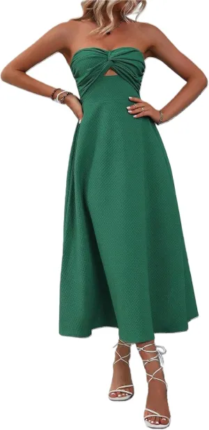 SKAYS Womens Strapless Twist Knot Midi Dress Cutout A-line Tube Summer Cocktail Party Dress with Back Smock