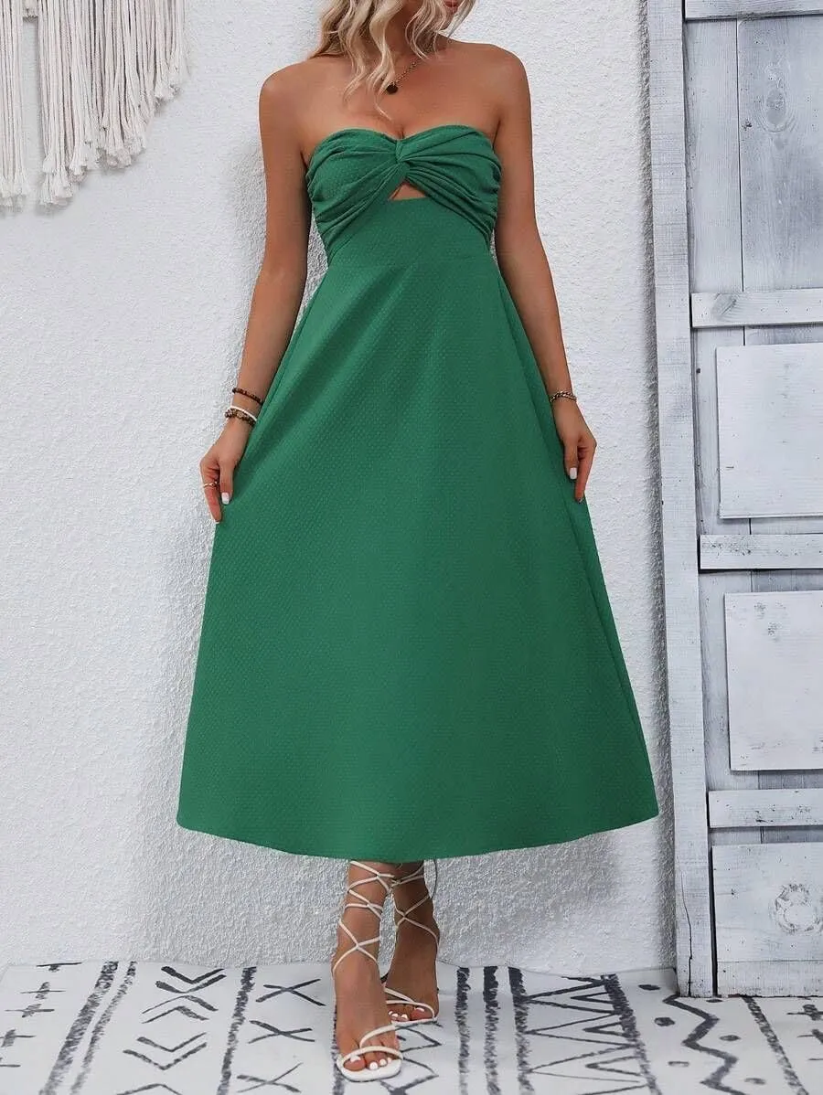 SKAYS Womens Strapless Twist Knot Midi Dress Cutout A-line Tube Summer Cocktail Party Dress with Back Smock