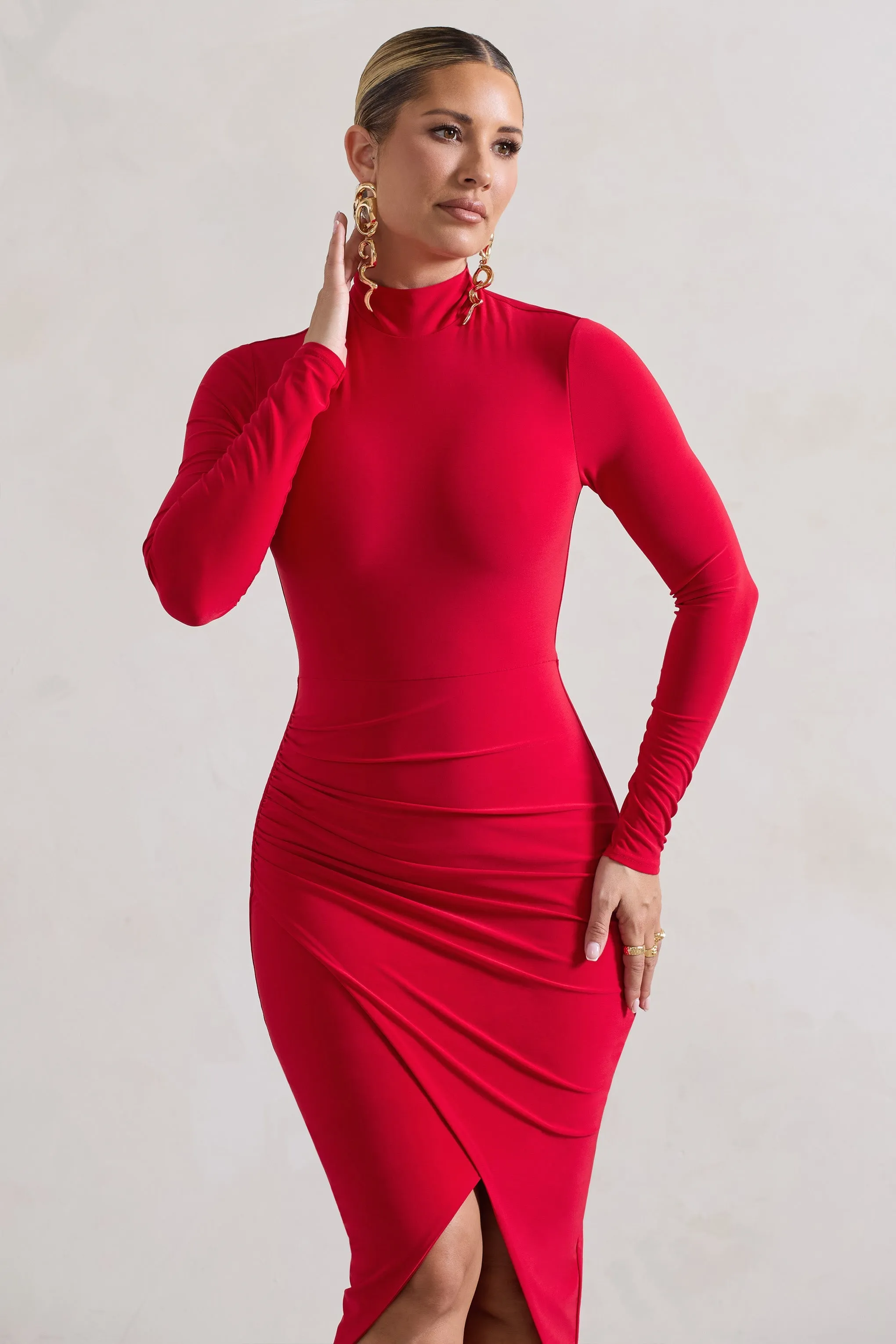 Soha | Red High-Neck Wrap Midi Dress