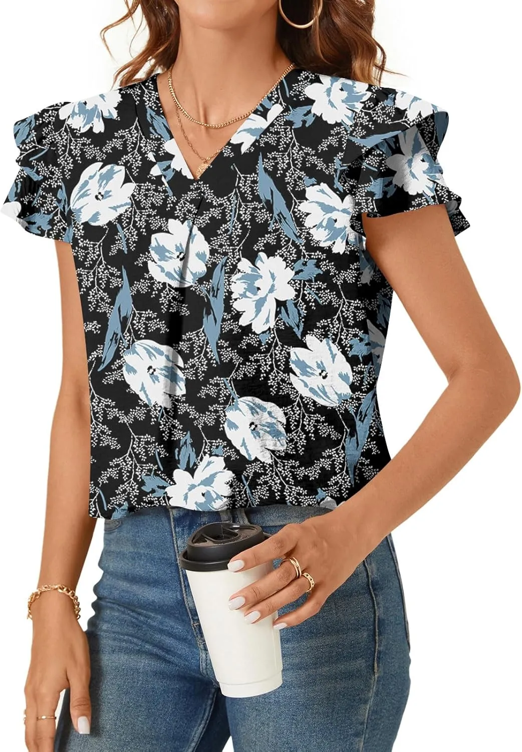 TAOHUADAO Womens Summer Casual Tops Double Layered Short Sleeve T-Shirts V Neck Business Dressy Blouse