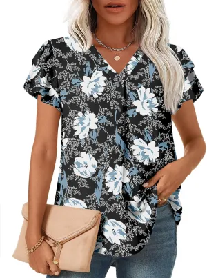 TAOHUADAO Womens Summer Casual Tops Double Layered Short Sleeve T-Shirts V Neck Business Dressy Blouse