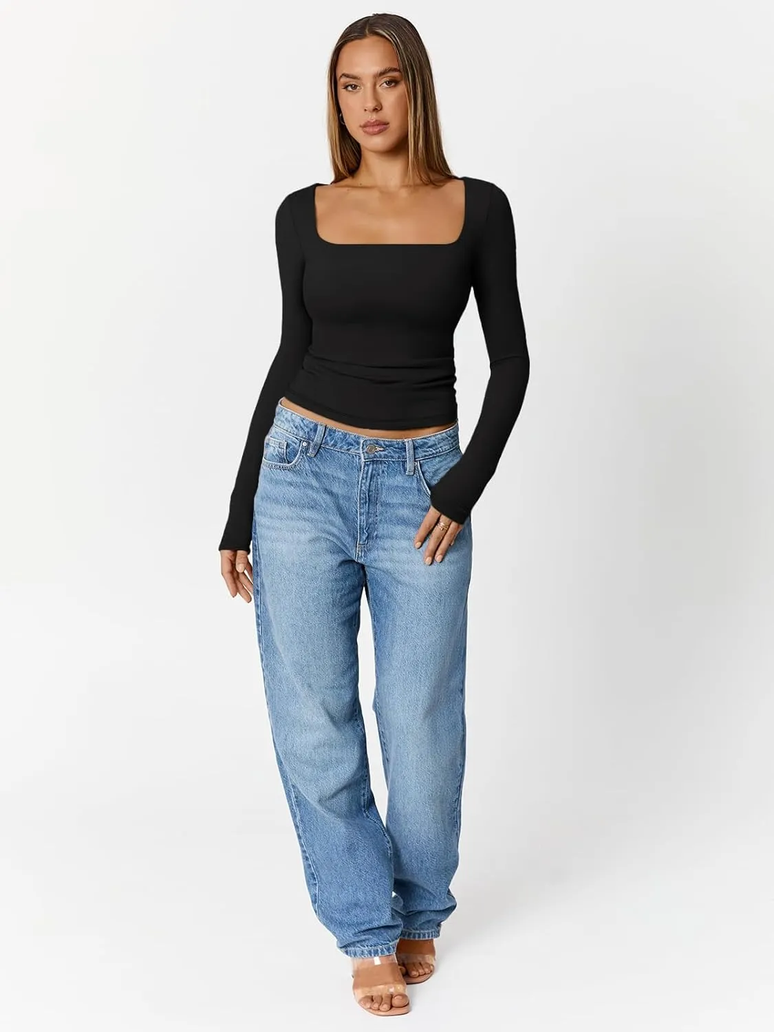 Trendy Queen Womens Double Lined Square Neck Long Sleeve Slightly Crop Slim Fit Tops Casual Layer Basic Tee Shirts 2025