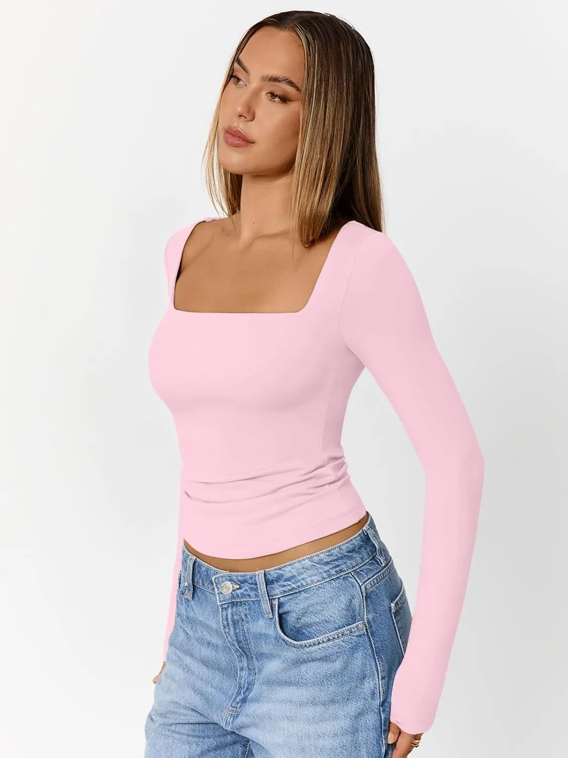 Trendy Queen Womens Double Lined Square Neck Long Sleeve Slightly Crop Slim Fit Tops Casual Layer Basic Tee Shirts 2025