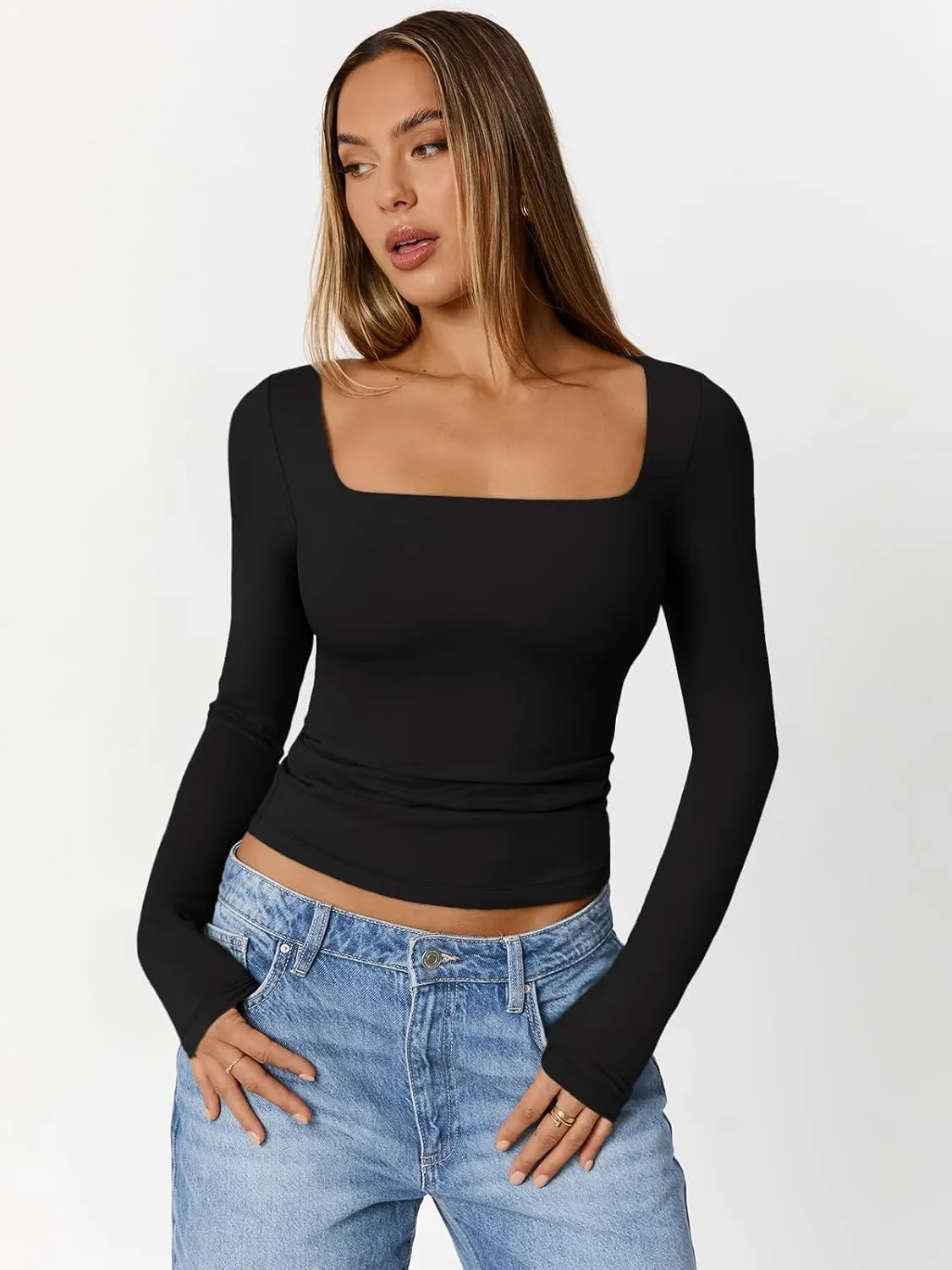 Trendy Queen Womens Double Lined Square Neck Long Sleeve Slightly Crop Slim Fit Tops Casual Layer Basic Tee Shirts 2025