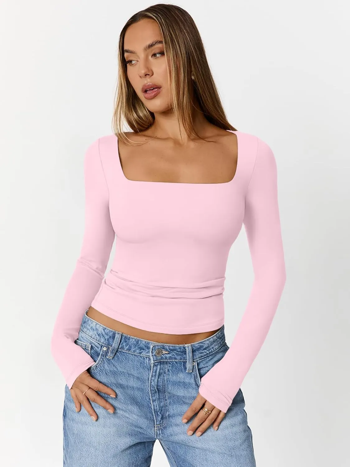 Trendy Queen Womens Double Lined Square Neck Long Sleeve Slightly Crop Slim Fit Tops Casual Layer Basic Tee Shirts 2025