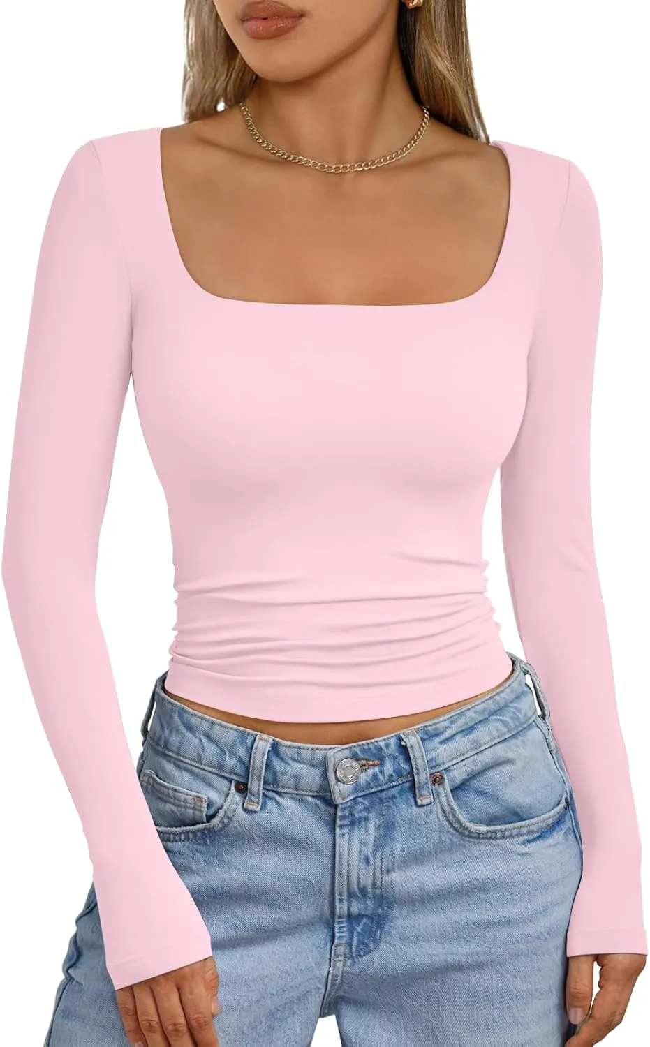 Trendy Queen Womens Double Lined Square Neck Long Sleeve Slightly Crop Slim Fit Tops Casual Layer Basic Tee Shirts 2025