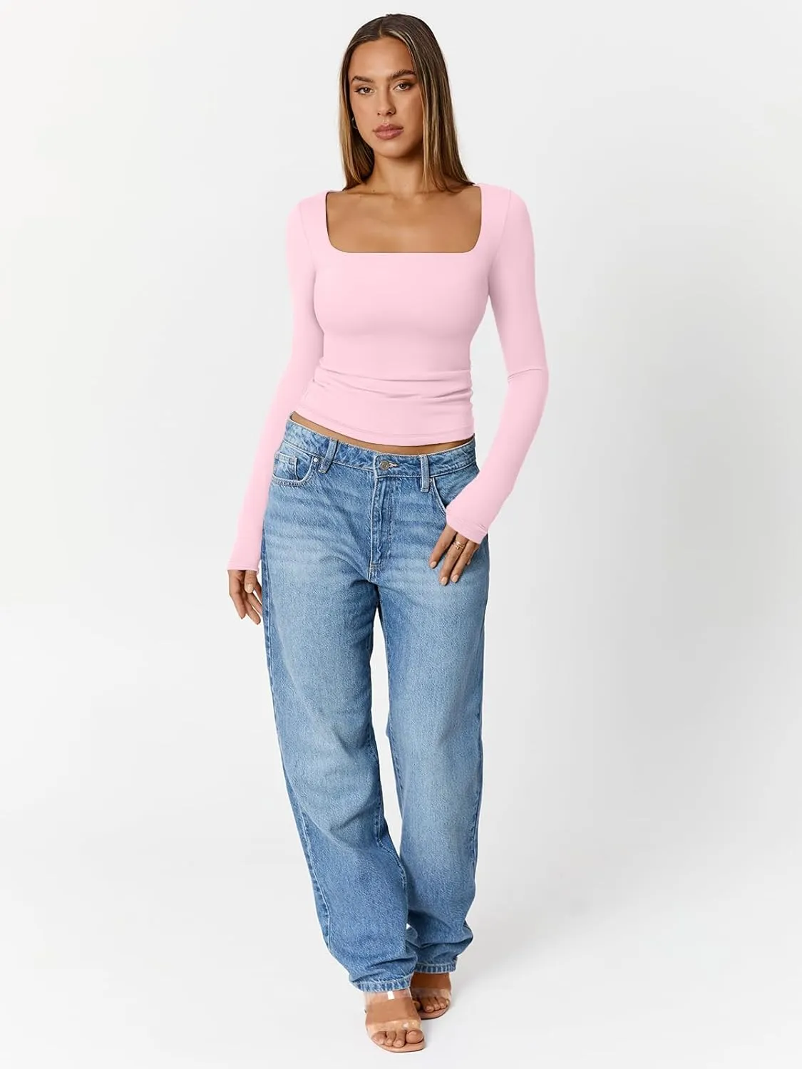 Trendy Queen Womens Double Lined Square Neck Long Sleeve Slightly Crop Slim Fit Tops Casual Layer Basic Tee Shirts 2025