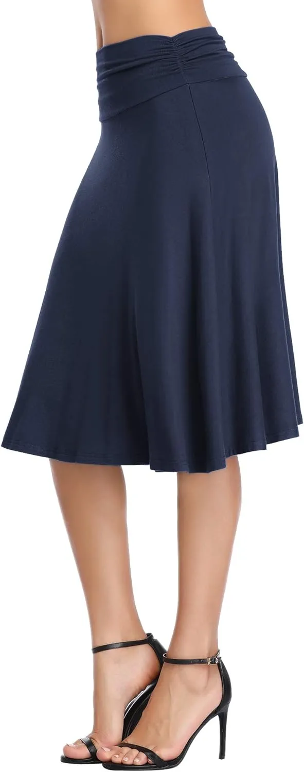 Urban CoCo Women's Ruched High Waist Knee Length Jersey A-Line Stretchy Flared Casual Skirt