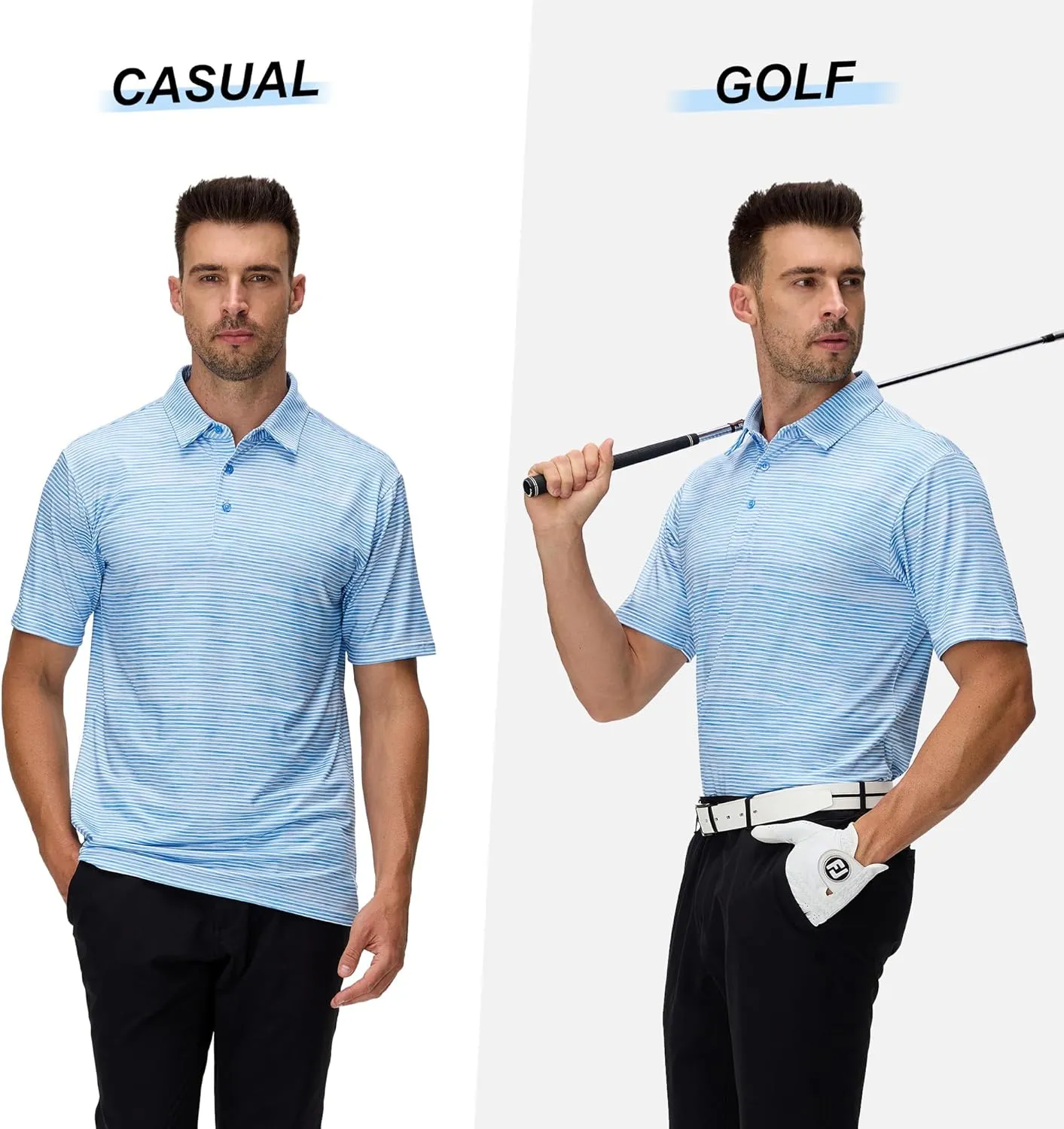 WARHORSEE Mens Golf Shirt Short Sleeve Striped Golf Polo Shirts for Men Moisture Wicking Performance Dry Fit Polo Shirts