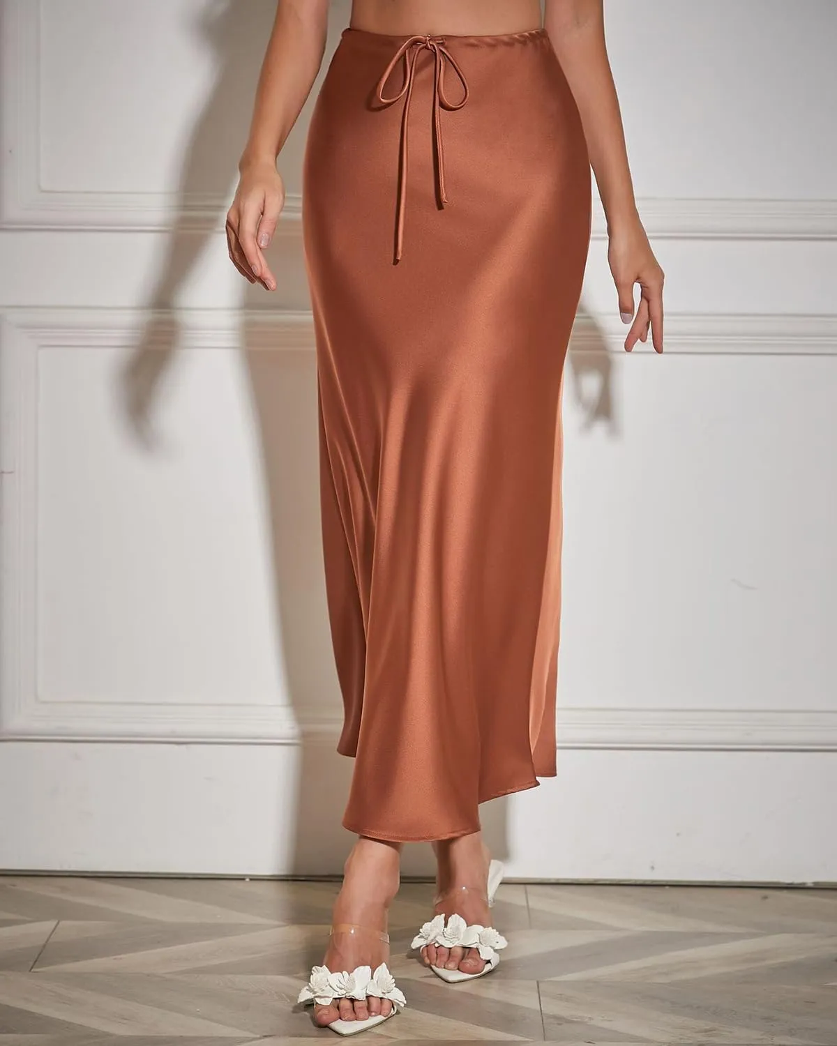 Women's Maxi Skirts Satin Drawstring High Waisted Silk Elegant Flowy Casual A-Line Long Skirt for Women
